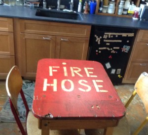 The fire hose desk I made in the clean side of my studio. I have been really enjoying hanging out down there all month.