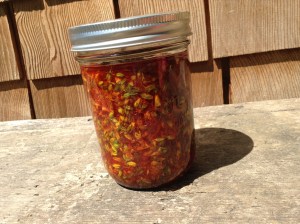 St. John's Wort oil is bright red- here is some warming in the midsummer sun 2015.