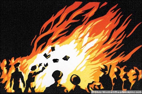 Depiction of book burning by artist Chris Wormell 